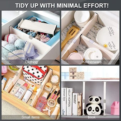 Drawer Dividers Organizer 5 Pack, Adjustable Separators 4" High Expandable from 11-17" for Bedroom, Bathroom, Closet,Clothing, Office, Kitchen Storage, Strong Secure Hold, Foam Ends, Locks in Place - 4" Tall, 11"-17" Long - Beige