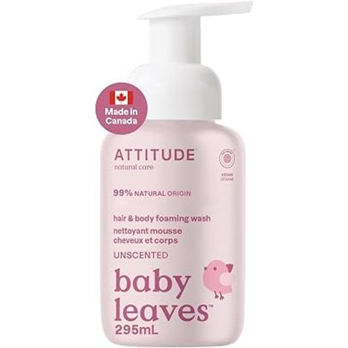ATTITUDE 2-in-1 Hair and Body Foaming Baby Wash, Made in Canada, EWG Verified Shampoo Soap, Dermatologically Tested, Made with Naturally Derived Ingredients, Vegan, Unscented, 295 mL