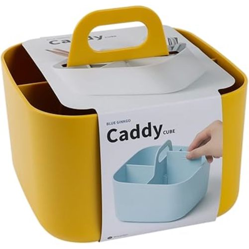 BLUE GINKGO Small Stackable Organizer Caddy – Korean-Made Portable Tote for Bathroom, Office, Crafts, or School Supplies (Square, Yellow)