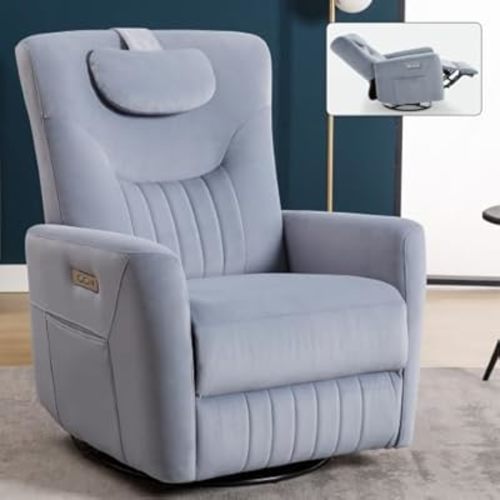 Glider Rocking Chair Nursery, Swivel Rocker, Power Recliner Chair, Nursery Glider Recliner with Adjustable Headrest, USB Ports, Living Room Chairs (Blue1, Adjustable Headrest)