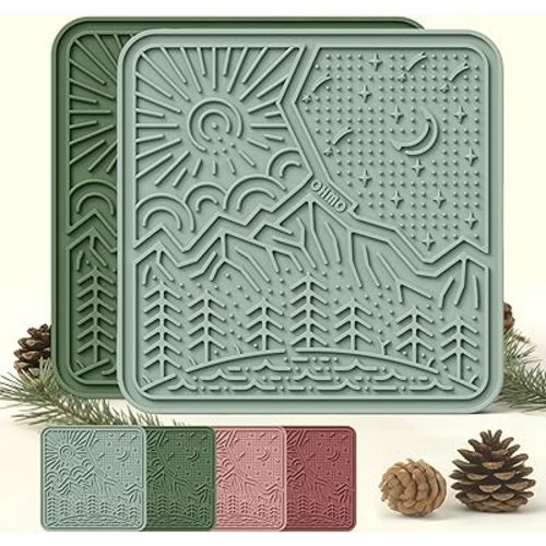 OHMO Lick Mat for Dogs and Cats Large(2 Pack) Nature Design Easy to Clean Pet Slow Feeder with Suction Cups, for Anxiety Relief and Boredom Reduction(Olive+Sage Green)