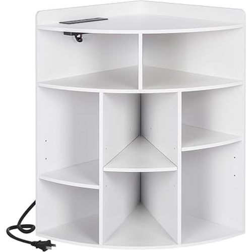 VECELO Corner Cube Shelf with USB Ports & Outlets, Modern Corner Toy Storage Rack with Charging Station, Wooden Display Bookshelf Bookcase for Living Room, Bedroom, Dining Room, Kitchen, White