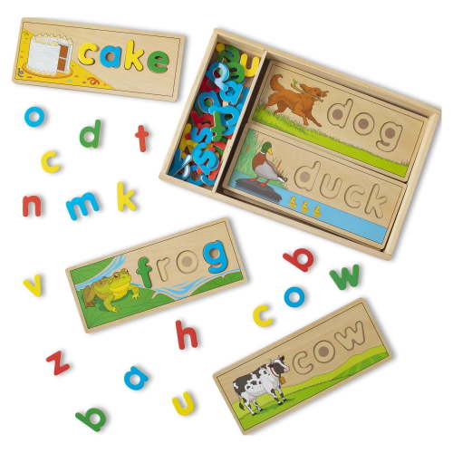 Free Shipping! Melissa & Doug Wooden See & Spell, 8 Double-Sided Spelling Boards, 64 Wooden Letters for Preschool Kids
