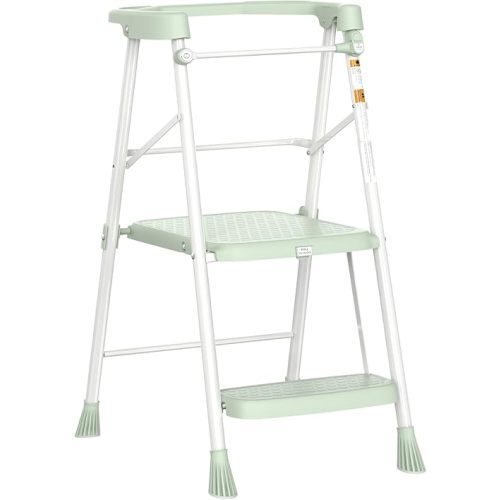 Kids Step Stool 2 Steps, Toddler Tower for Kitchen Counter Learning, Toddler Kitchen Stool Helper with Anti-Drop Safty Railing Kids Standing Folding Stepper, Green