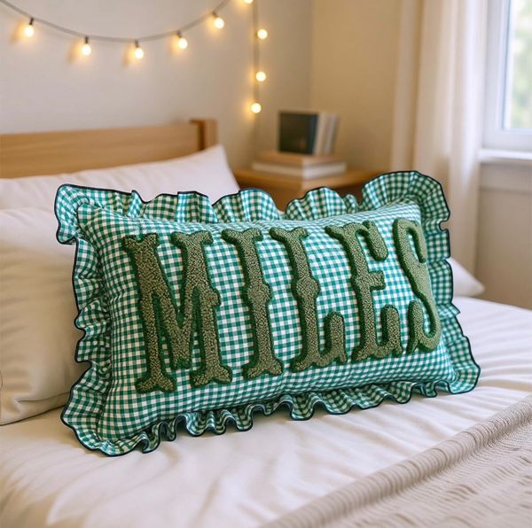 Gingham Ruffle Monogram Pillow, Personalized Name Cushion, Soft Bedroom Decor Gift