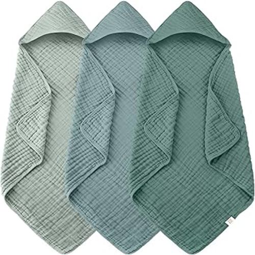 3-Pack Muslin Hooded Baby Towels, 100% Cotton, Ultra-Soft & Absorbent Baby Bath Towels with Hood for Babies, Infant, Toddler and Newbron (Emerald Series,32" x 32")