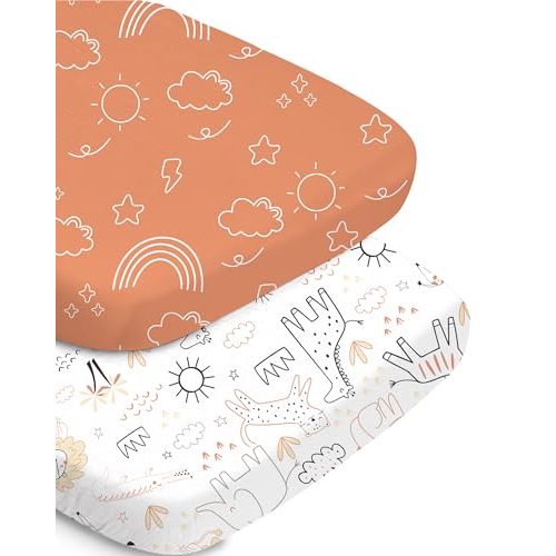TotChill Bassinet Fitted Sheet Set - Orange Cloud and Rainbow Design, Soft, Breathable, and Durable, Universal Fit for Baby Boys and Girls, Compatible with Halo, Mika Micky, Baby Delight, and More