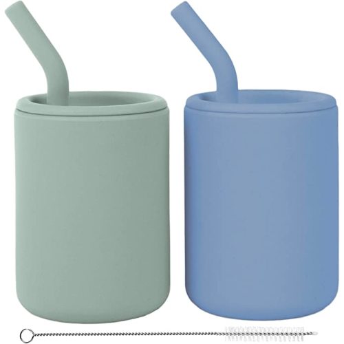 WeeSprout Silicone Baby Cups With Straws and Lids, 4 & 8 oz Options, Set of 2, Food Grade Toddler Training Container, Built In Straw Stoppers, Measurement Markings, Dishwasher Safe + Straw Cleaner