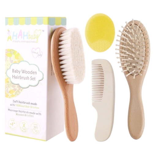 Yalumo Baby Hair Brush and Comb Set for Newborn and Toddlers, Natural Wooden Baby Hair Brush Set