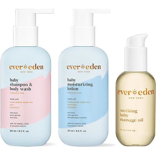 Evereden Baby Bathtime Basics Trio | Baby Shampoo and Body Wash, 8.5 fl oz & Fragrance Free Baby Moisturizing Lotion, 8.5 fl oz & Soothing Baby Massage Oil, 4 fl oz | 3 Item Bundle Set | Clean
