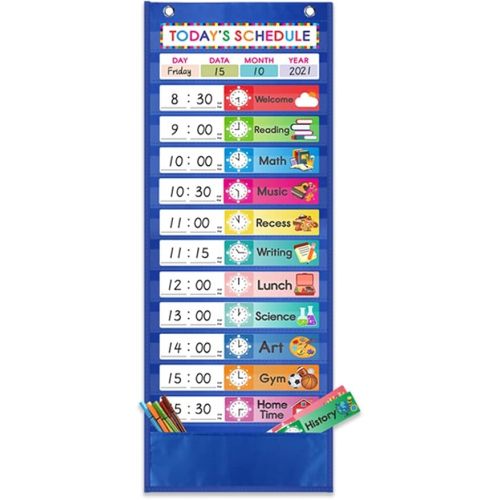 Daily Schedule Pocket Chart. Kids Schedule Pocket Chart with 15 Dry-Eraser Cards. 13+1 Pockets. Schedule Pocket Chart for Classroom & Home (Blue)…