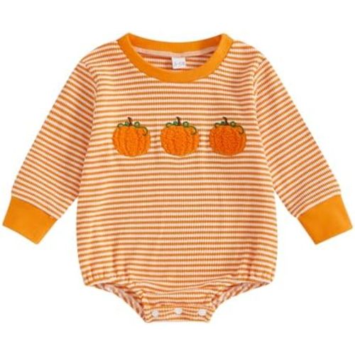 Infant Baby Boy Girl Halloween Outfit Jumpsuit Pumpkin Embroidery Stripe Onesie Sweatshirt Romper Newborn Fall Clothes