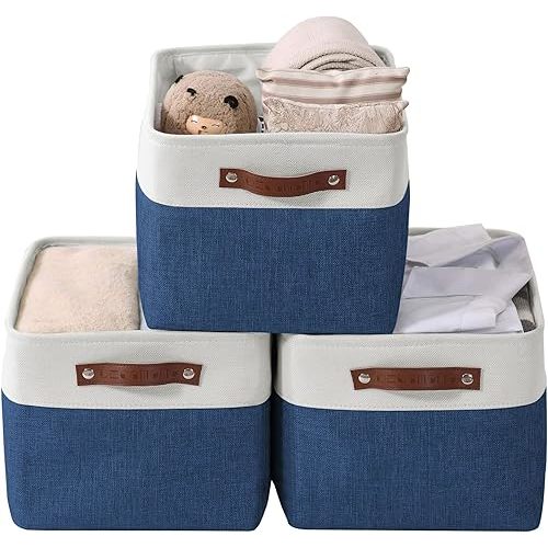 DECOMOMO Storage Baskets for Shelves - Fabric Storage Bins, Linen Closet Organizers and Storage (Navy Blue & White, Large - 3 Pack)