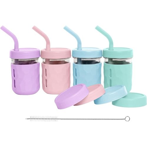 WeeSprout Glass Cups With Lids & Straws, Spill-Resistant Smoothie Jars for Toddlers & Kids, Baby Food Storage & Snack Containers, XL Silicone Straw, Easy-grip Sleeves, Set of Four, Dishwasher Safe