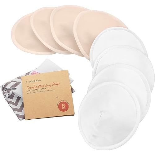 Organic Nursing Pads - 8 Washable Breast Pads for Breastfeeding, Wash Bag, Viscose Derived from Bamboo Reusable Nipple Covers for Breastfeeding Essentials, Soft & Absorbent(Bare Beige, M 4.6")