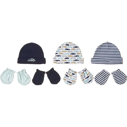 Hudson Baby Unisex Baby Cotton Cap and Scratch Mitten Set - 0-6 Months - Classic Car