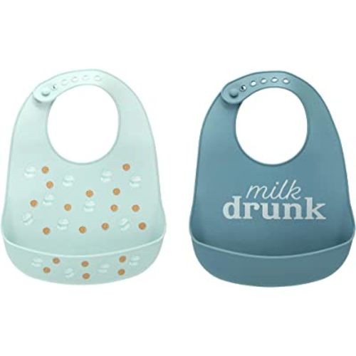 Pearhead Silicone Bib Set of 2, One Milk Drunk Baby Bib, One Light Blue Milk and Cookies Bib, Gender-Neutral Baby Feeding Accessory for New Parents and Expecting Parents, 2 Bibs