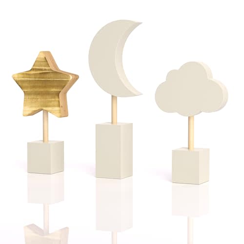 3 Pcs Wooden Moon and Stars Nursery Decor Boho Sky Cloud Nursery Shelf Decor Cute Children Baby Wall Decor for Nurseries Bedroom Kindergarten Classroom Playroom