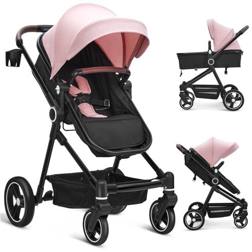 2 in 1 Baby Stroller for Toddler 0-3, Bassinet Stroller for NewbornToddler with Large Storage Basket, Removable Seat, Cup Holder, Shock Absorbing