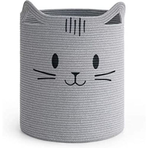 INDRESSME Laundry Basket, Cute Cat Basket with Handles, Tall Woven Basket, Baby Hamper for Nursery, Blanket Basket for Living Room, Storage Basket for Toys, Dirty Clothes, 16"L x 20"H, Grey