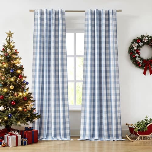 Bapawfish Buffalo Plaid Full Blackout Curtain Panels 84 Inches Length,Dusty Blue and White Farmhouse Drapes,Thermal Insulated Window Treatment for Bedroom Living Room,Rod Pocket Back Tabs,40"Wx84"Lx2