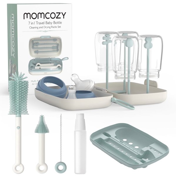 Amazon.com: Momcozy 7-in-1 Baby Bottle Brush Set with Drying Rack, Green | Silicone Nipple Straw Brushes, Soap Dispenser Storage Box, Foldable Drain Rack, Portable Bag, BPA-Free, Home & Travel
