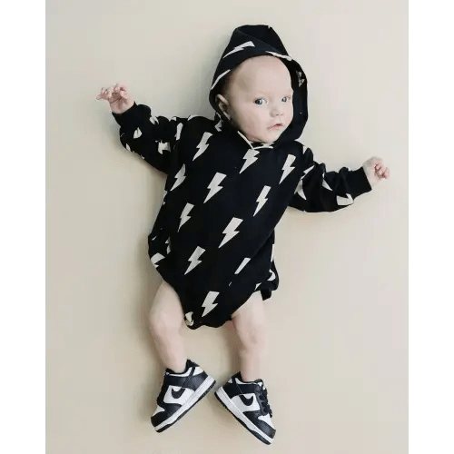 Hooded Bubble Romper | Black Bolts – Witching Hour Baby