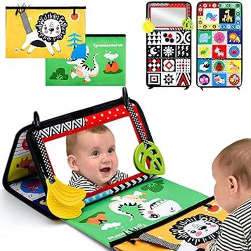 Tummy Time Baby Mirror Toys, High Contrast Black and White Sensory Infant Toys,Brain Developmental Montessori Newborn Toys with Crinkle Cloth Book for Boys and Girls Gift 0 3 6 12 Months
