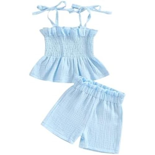 VISGOGO Infant Baby Toddler Girls Summer Clothes Solid Color Sleeveless Camisole Linen Short Set Baby Summer Outfits