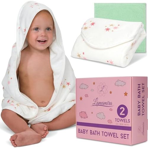 Lamamira Hooded Baby Bath Towel - Organic Bamboo Sheet for Boys and Girls - Soft, Absorbent and Quick-Drying Cloths - Cute Towels with Stars- Infant Drying Washcloth - 32x32 (White)
