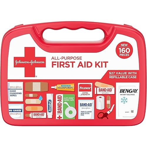 Johnson & Johnson All-Purpose Portable Compact First Aid Kit for Minor Cuts, Scrapes, Sprains & Burns, Ideal for Home, Car, Travel, Camping and Outdoor Emergencies, 160 pieces