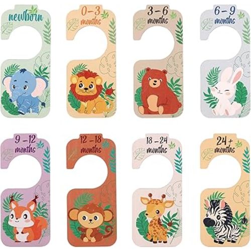 8pcs Baby Closet Dividers, Wooden Infant Wardrobe Organizer Cute Animal Theme Baby Clothing Hanger Separators Infant Clothes Sorting Tags for Toddler Baby Girls Boys Nursery Room Decor