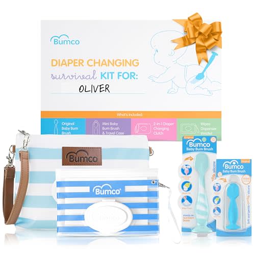 Bumco Baby Essentials Set - Personalized Diaper-Changing Baby Shower Gifts for Boys, Baby Gift Set with 2 Baby Bum Brushes (Original & Mini) + Diaper Clutch Bag + Wipes Wristlet, Newborn Gift Set