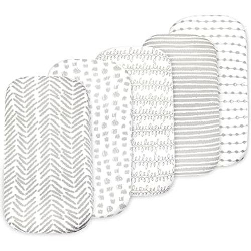 Baby Bassinet Sheet Set for Boy and Girl, 5 Pack Organic Cotton Universal Fitted Bedding Cover for Oval, Hourglass & Rectangle Bassinet Mattress, Fitted Sheets Size 32 x 16 x 4 Inches