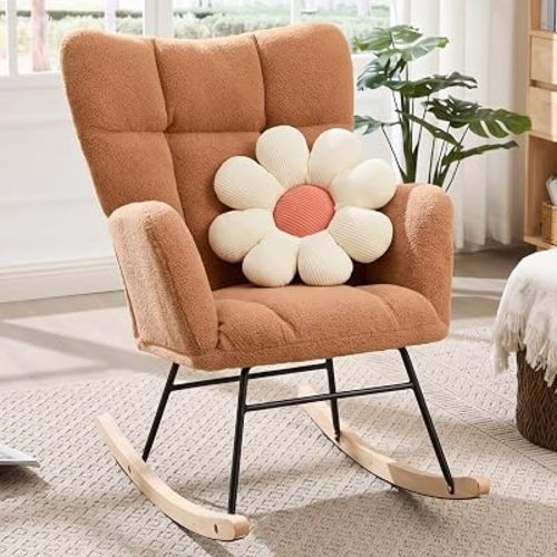 Rocking Chair Nursery, Teddy Upholstered Rocker Glider Chair with High Back, Rocker Recliner with Armrest, Gliding Chair with Thick Cushion, Accent Reading Chair for Bedroom (Kahaki)