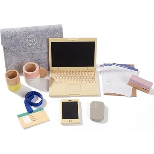 Wooden Pretend Play Home Office Set for Kids,10Pcs Office Playset with Wooden Toy Laptop & Phone,Toddlers Beverage Cup for Preschool Kid Ages 3+ Years