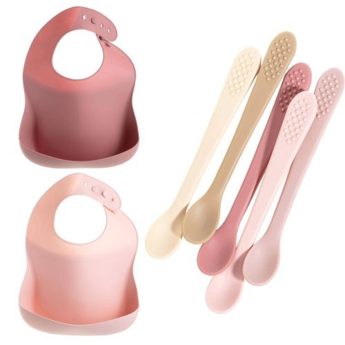 Silicone Baby Feeding Set, Silicone Bib & Spoons, Pink,