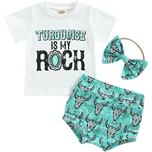 KOSUSANILL Western Baby Girl Clothes Letter Print Short Sleeve Top Shirt Cow Shorts with Headband 3PCS Summer Outfits
