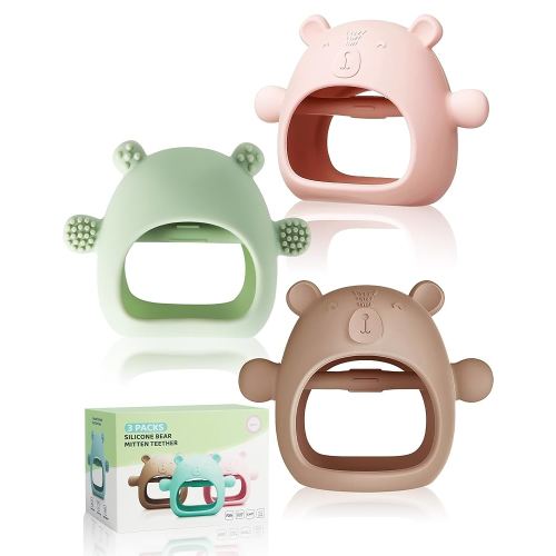 3 Packs Baby Teether for 0-6 6-12 Months, Food Grade Silicone Bear Baby Teething Mittens for Sucking Needs Sensory Exploration, BPA Free