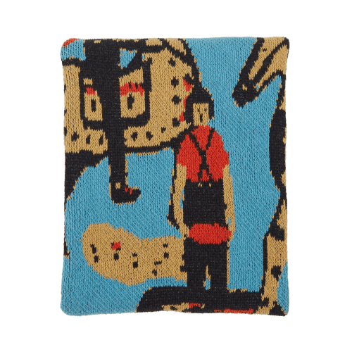 Child size knit blanket in ‘cowboys turquoise’ by Hillery Sproatt