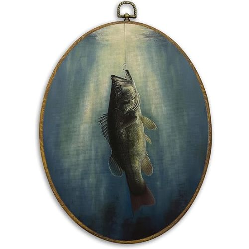 CUANFDDSF Vintage Fish Oval Wall Art Decor, Fishing Lovers Gifts for Women Men Wall Hanging Decor, Rustic Underwater Fishing Scene Framed Canvas Prints for Home Bedroom Living Room, 8.6x11.4 Inch