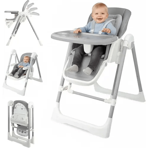 High Chairs for Babies and Toddlers Convert to Baby Swings Foldable High Chair Adjustable Convertible with Reclining Seat & Leg Rest, 3-in-1 with Tool-Free Assembly (Grey)