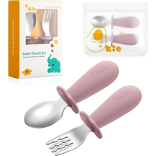 Toddler Utensils, Toddler Forks and Spoons, Baby Spoons Self Feeding, Stainless Steel Baby Silverware with BPA Free Silicone Easy Grip, 8 Months+