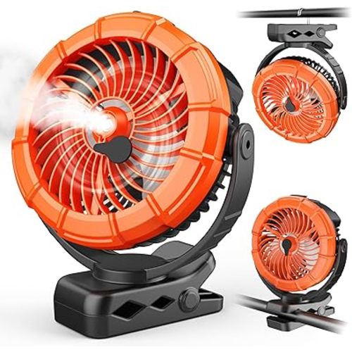 Ausic Portable Misting Clip on Fan, 100ml Camping Stroller Fan with Mist & LED, 5200mAh Outdoor Rechargeable Battery Operated Fans, 360° Rotate Cooling Spray Golf Cart Fans for Travel/Home/Beach