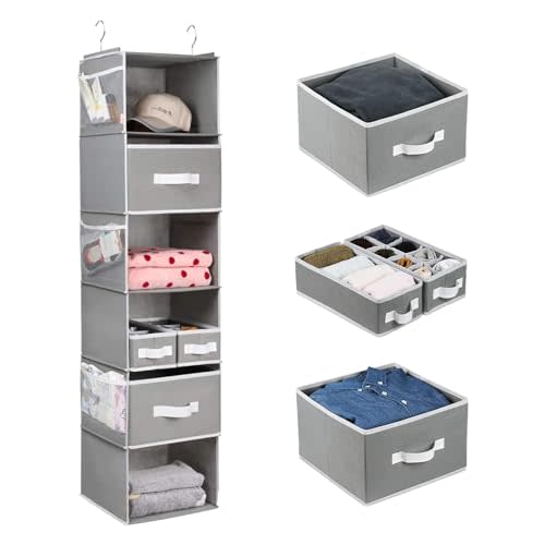 Univivi 6-Shelf Hanging Closet Storage Organizer, Hanging Closet Organizer with Drawers and 6 Side Pockets Closet Hanging Shelves for Baby, Nursery, Closet, Clothes, Tshirts - Gray