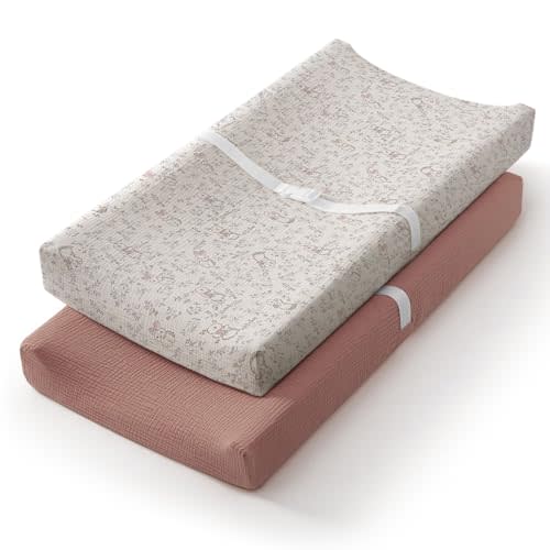 Blissful Diary Muslin Changing Pad Cover for Baby Girls, Ultra Soft Breathable Cotton, Baby Diaper Change Table Pad Covers, 2Pack (Blush Bunny & Dusty Pink)