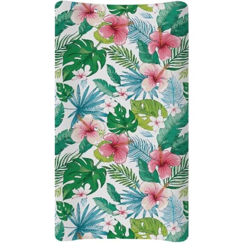 Diaper Baby Changing Pad Cover Lovely Tropical Hibiscus Retro Floral Diaper Changing Table Pad Mats Changing Table Sheets for Girls Boys Stretchy Bassinet Fitted Sheets Breathable, Green