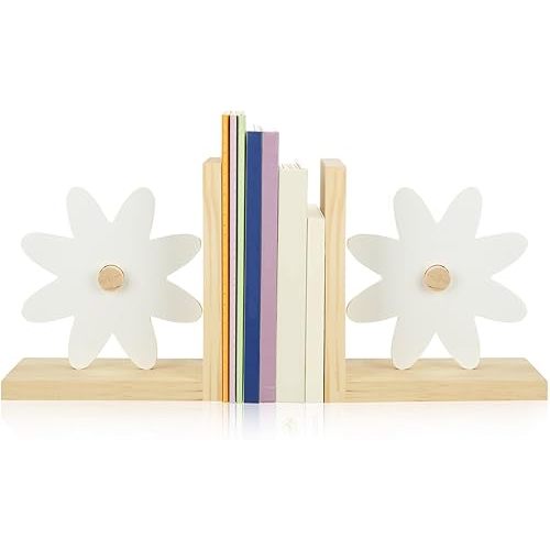 Harloon 2 Pcs Daisy Wooden Bookends Pink Rainbow Moon and Cloud Nursery Bedroom Decor for Home (Daisy)