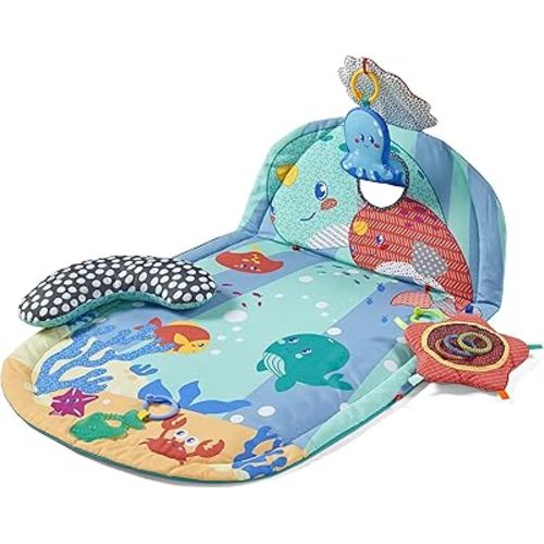 Infantino 3 Stage Above & Beyond Tummy Time Mat - 3 Play Modes for Gross Motor Development, 3 Removable Ocean Themed Toys, Tummy-Time Bolster, Giant 38"x20" Mat with Kickstand for Overhead Play