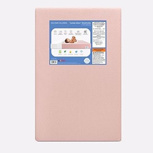 Delta Children Twinkle Stars Breathable 4-inch Mini Crib Mattress with Removable/Machine Washable Cover - GREENGUARD Gold – Waterproof - Sustainably Sourced Core Fiber Core, Pink